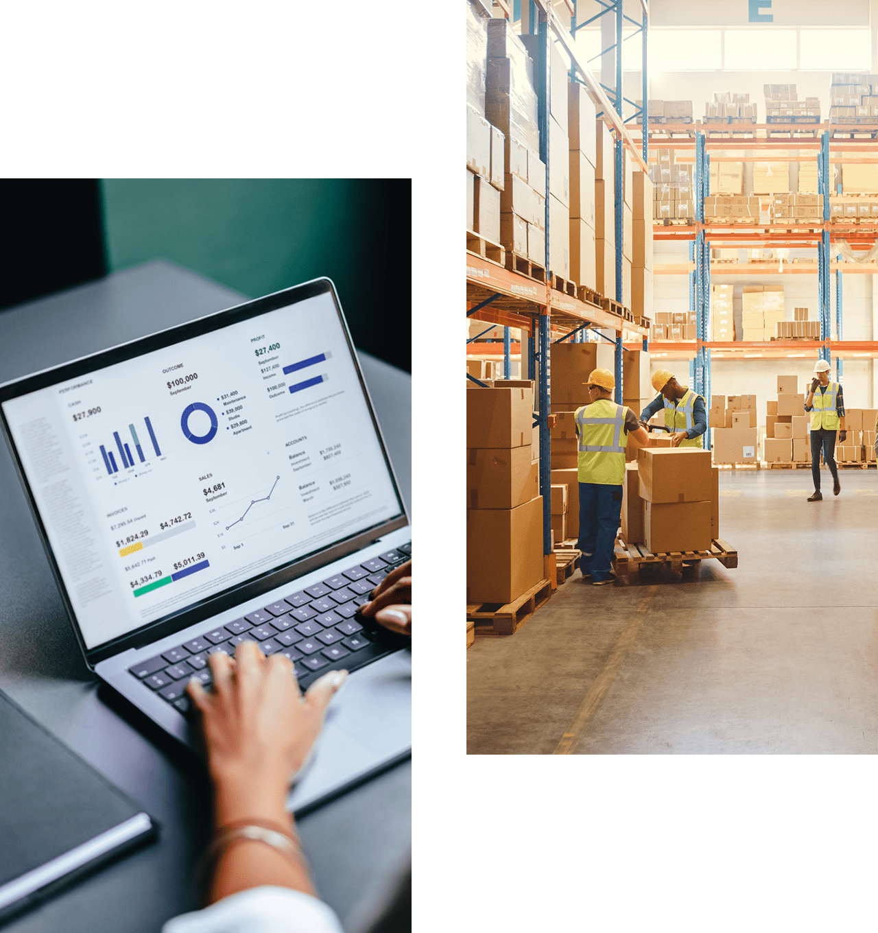Laptop with charts; workers in warehouse.